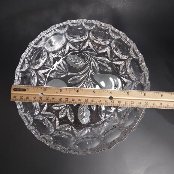 Crystal Cut Glass Fruit Serving Bowl 8.5" Frosted Fruit Pattern Centerpiece MCM - Picture 9 of 10